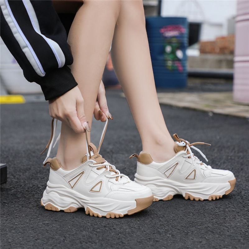 Spring 2023 New Authentic Leather Clunky Sneakers Women's All-Match Platform Lightweight Retro Fashion Platform Casual Sneakers