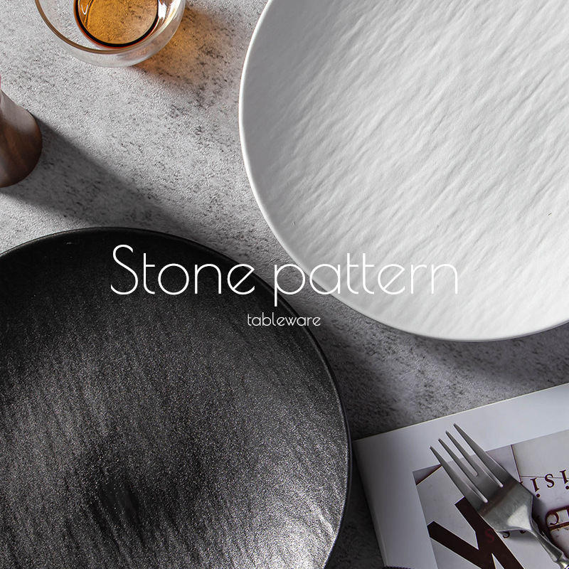 Japanese Style Stone Pattern Black and White Ceramic Tableware Household Wholesale Light Luxury Plate Dish Plate Good-looking Western Steak Plate