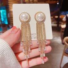 s925银针韩国时尚夸张个性耳环女网红气质珍珠镶钻流苏长耳坠耳饰