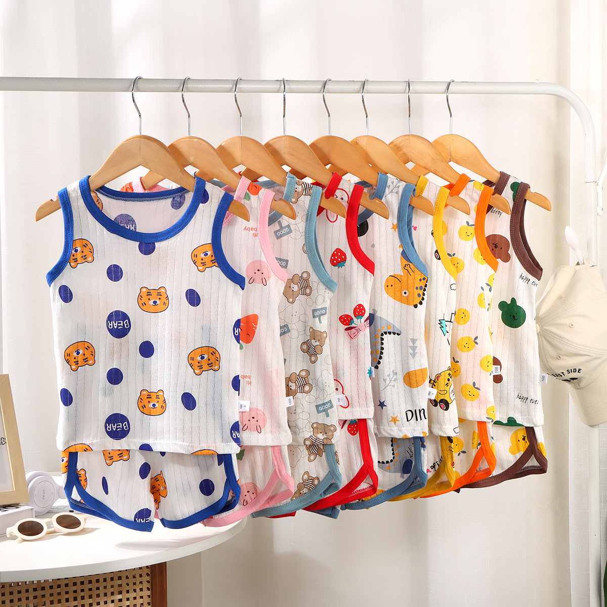 2024 New Children's Vest Suit Summer Cotton Girls' Shorts Pajamas Baby Korean Style Sleeveless for Boy Children's Clothing