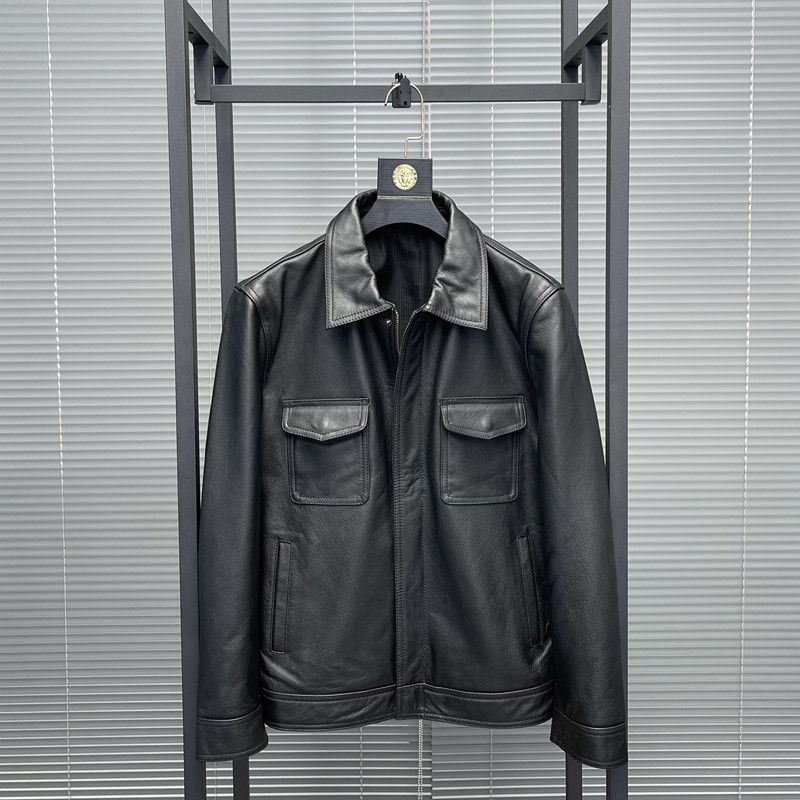 皮衣男秋冬新款头层复古男士短款修身休闲皮夹克翻领外套代发代销