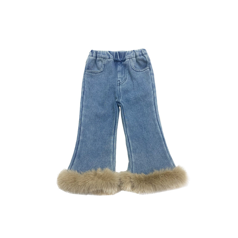 Deer Deer Girls' Fleece-Lined Trousers 2023 Winter New Children's Foot Mouth Fur Single-Layer Fleece-Lined Denim Bell-Bottom Pants