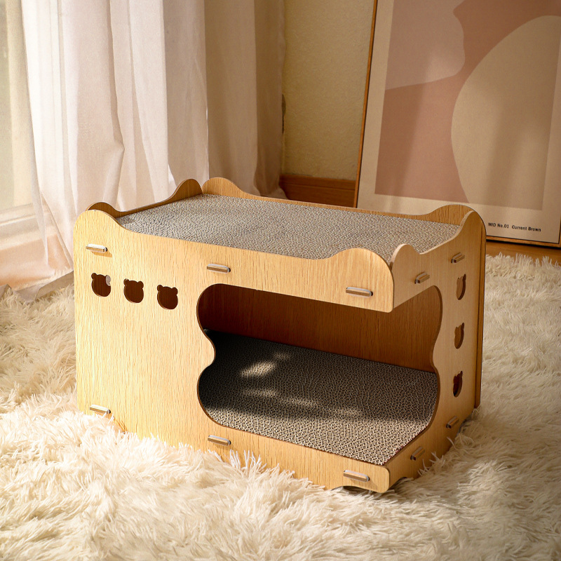 Wooden Cat House Cat Litter Cat Scratch Board Integrated Vertical Double-Layer Stackable Corrugated Paper Scratch-Resistant Detachable Cat Toy