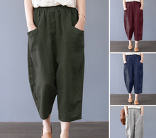 速卖通 eBay 亚马逊外贸跨境女装纯色大码宽松高腰口袋棉麻休闲裤