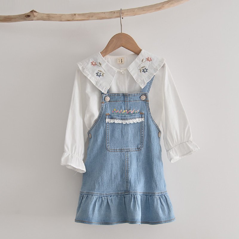 25152秋季新款女童牛仔背带裙 口袋绣花百搭牛仔吊带连衣裙-阿里巴巴