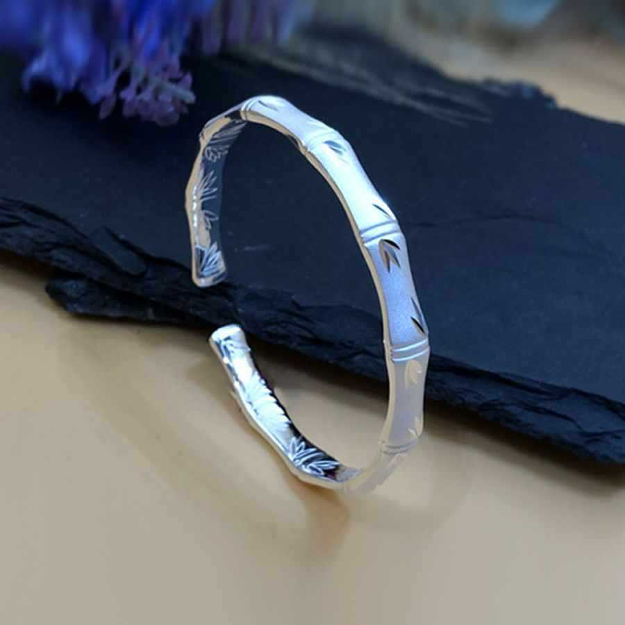 千足银s999竹节手镯男女竹报平安纯银镯子磨砂开口手环银饰可刻字