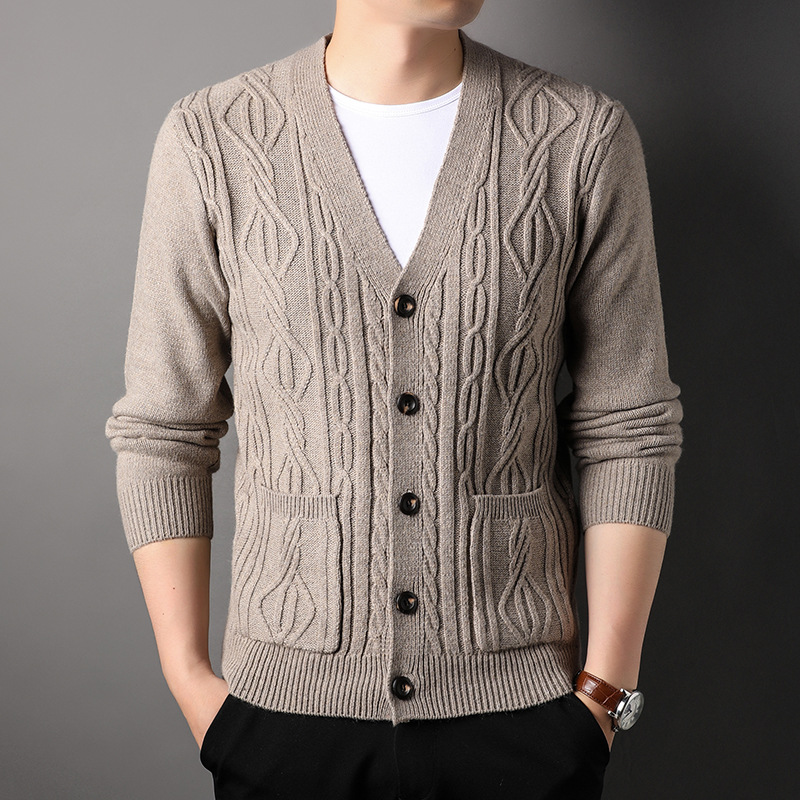 羊毛衫男士毛衣春秋季大码宽松针织衫v领中青年黑色开衫外套上衣