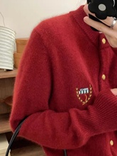 韩版减龄羊绒针织刺绣开衫女圆领上衣宽松软糯毛衣外套纯色百搭