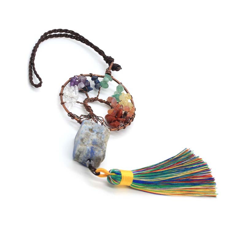 新品碎石绕线生命树圆形挂件 水晶石流苏车挂编织发财树汽车车饰