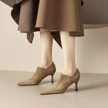 杏色单鞋女2023年新款时尚法式气质尖头裸靴细跟踝靴春秋季高跟鞋