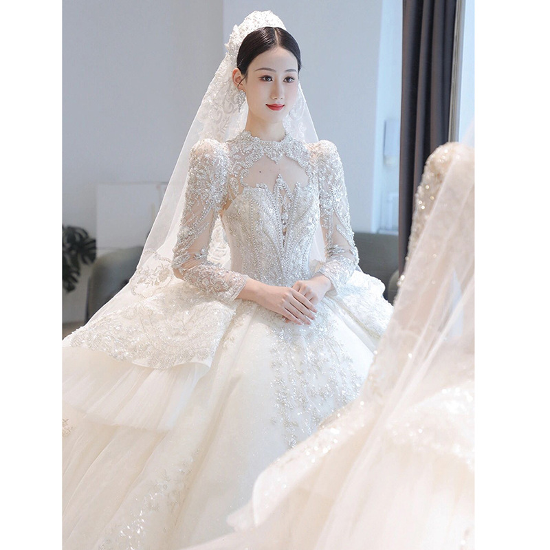 主婚纱2022新款新娘蓬蓬裙大拖尾显瘦公主长袖重工宫廷高级感齐地