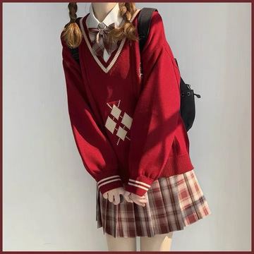 2022秋冬季新款圣诞毛衣红色新年套装女日系jk制服秋冬季针织外套