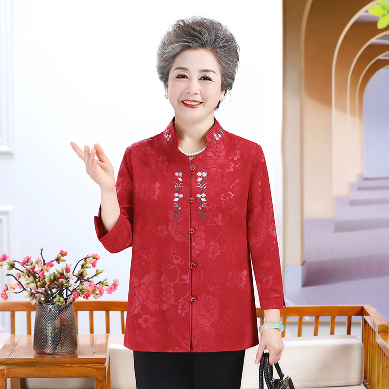 Old Lady's Summer Shirt Thin Clothes Suit 60-Year-Old 70 Middle-Aged and Elderly Women's Shirt Grandma Tang Suit Mom Top