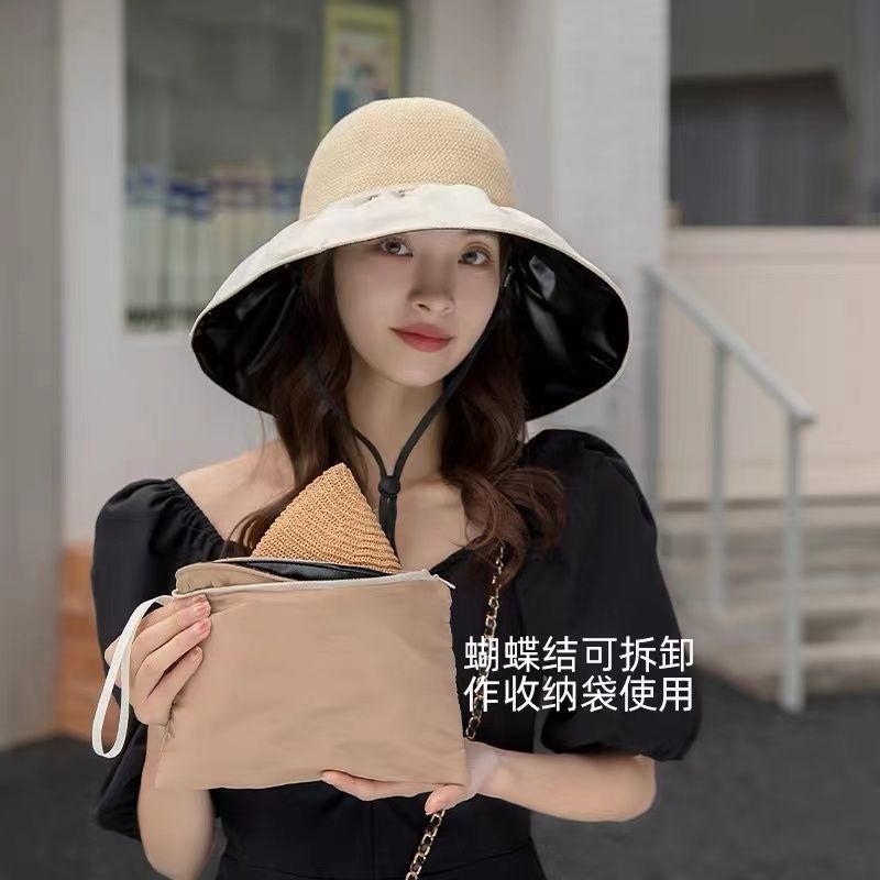 Black Rubber Sun Hat Bowknot Stitching Fashion Outdoor Fisherman Sun Hat Leisure Outing Beach Sun Hat Female