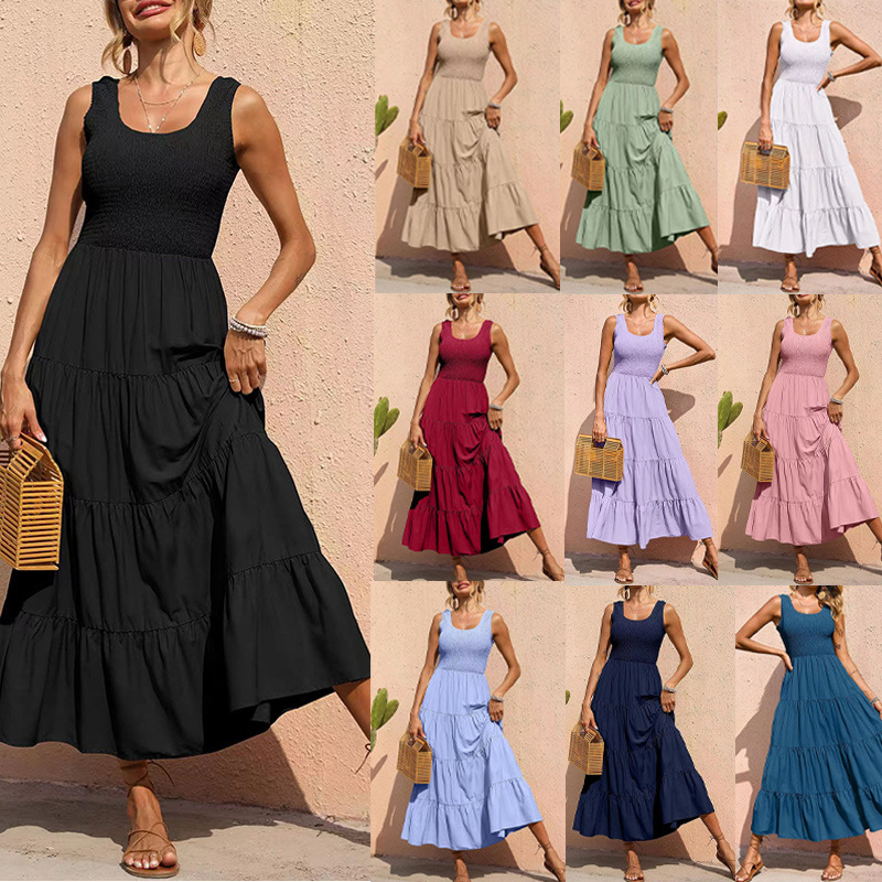 Amazon European and American Women's Clothing Long Dress Ins Popular Cross-Border Sleeveless Sling Pleating Large Swing Dress