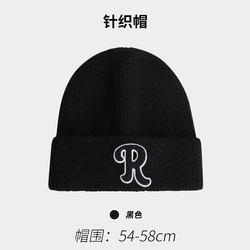 R Letter Knitted Hat Children Autumn and Winter Korean Style All-Matching Slipover Woolen Cap Japanese Style Thermal Earflaps Head-Wrapping Beanie Hat Men