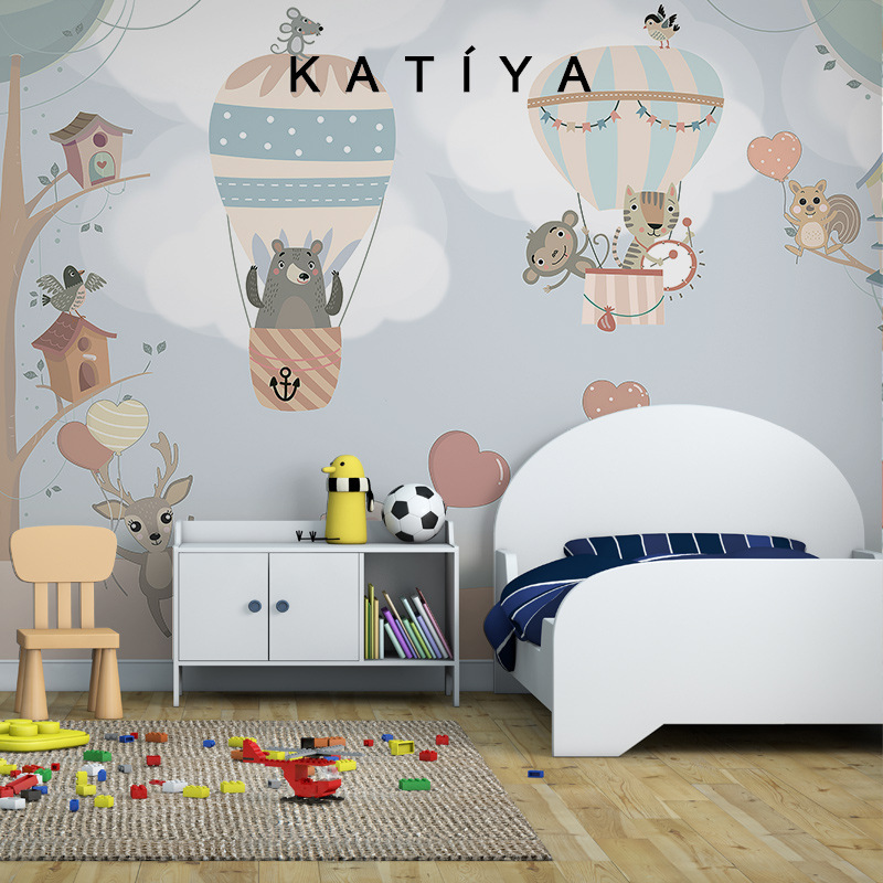 katiya小猴子卡通墙布女孩儿童房背景墙男孩壁纸卧室可爱猪猪壁画