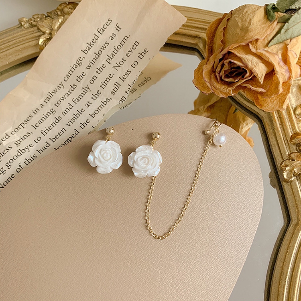 925银针复古白玫瑰花朵法式耳环女ins风超仙设计感耳骨夹个性耳饰