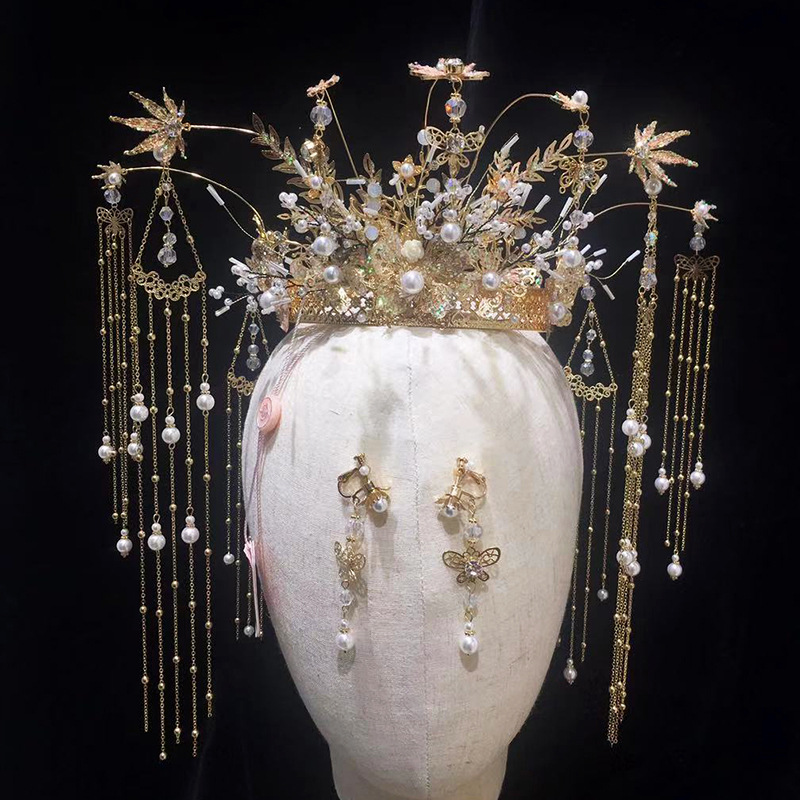 青花瓷走秀头饰走秀写真儿童大气旗袍发饰古风表演凤冠国潮新娘