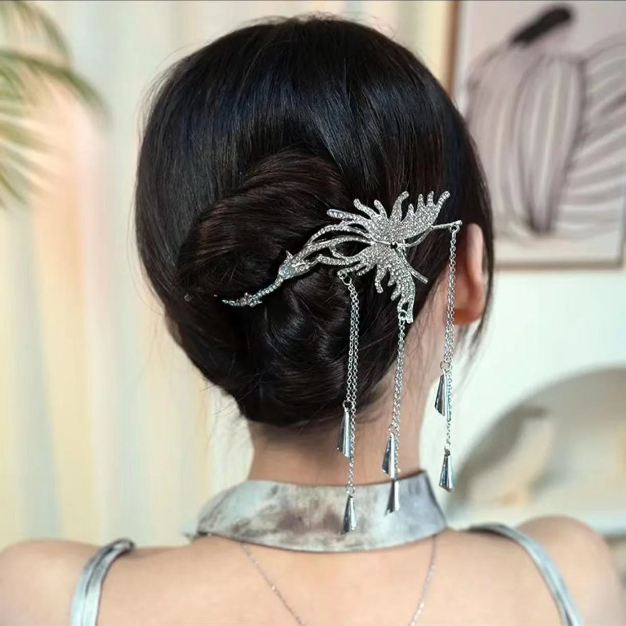 High-Grade Rhinestone Butterfly Tassel Banana Clip Back Head Updo Buckle Elegant Retro Hairpin New Chinese Style Clip