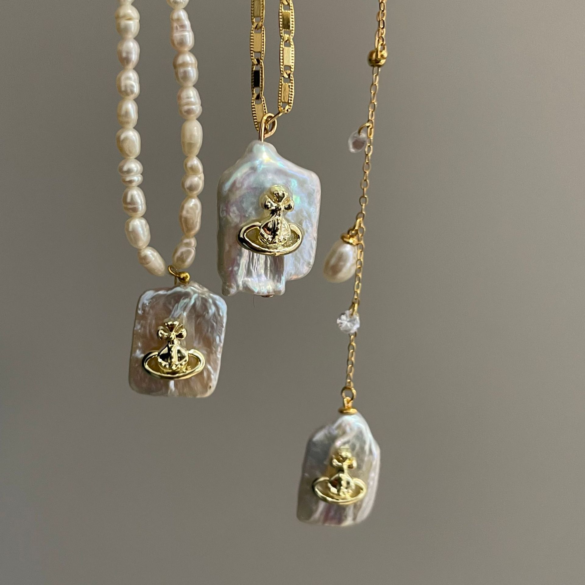 不规则巴洛克特种珍珠项链手作星球吊坠天然米珠链锁骨链叠戴颈链