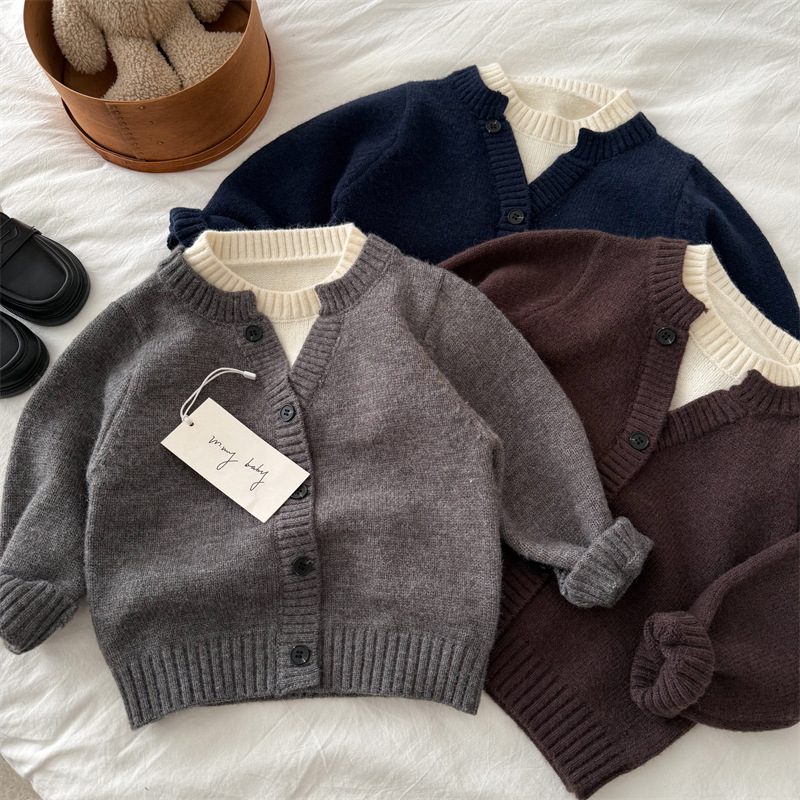 儿童毛衣2025眯眯眼冬季新品男女童假两件撞色毛衣宝宝韩版针织衫