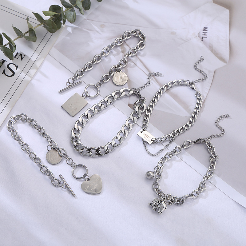 New Double-Layer Titanium Steel Bracelet Hanging Hand Personality Chain Korean Hip-Hop Fashion Chain Punk Heart Bracelet Accessories