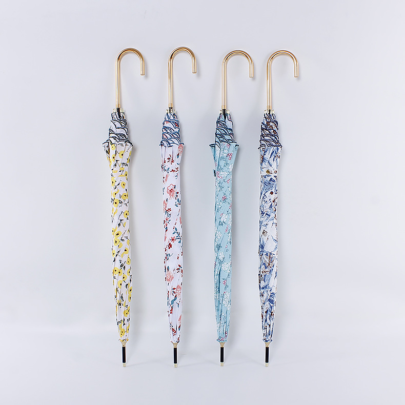 Long Umbrella Floral Umbrella Gold Handle Linglan Fragrant Snow Curved Handle Straight Rod Digital Printing Embroidery Sunshade Umbrella Dual-Use