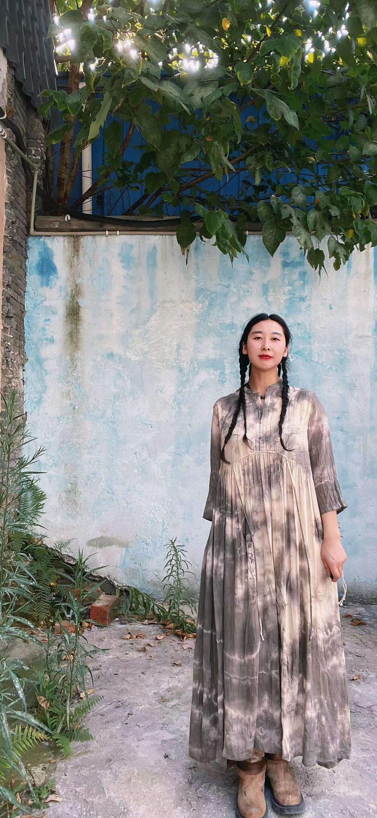 喜阁新款收腰长裙植物染宽松植物染泥染印花开衫国风复古麻服饰