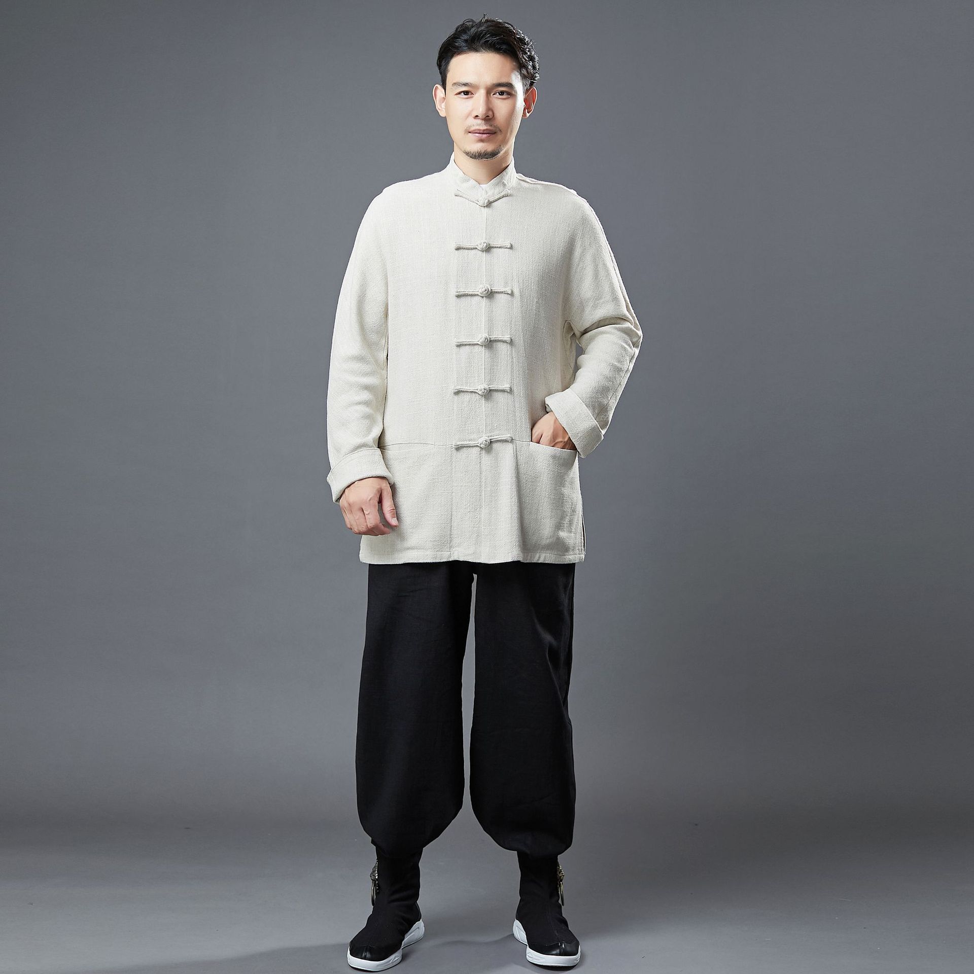 秋季苎麻对襟衬衫中国风汉服外套男宽松休闲青年立领盘扣粗麻上衣