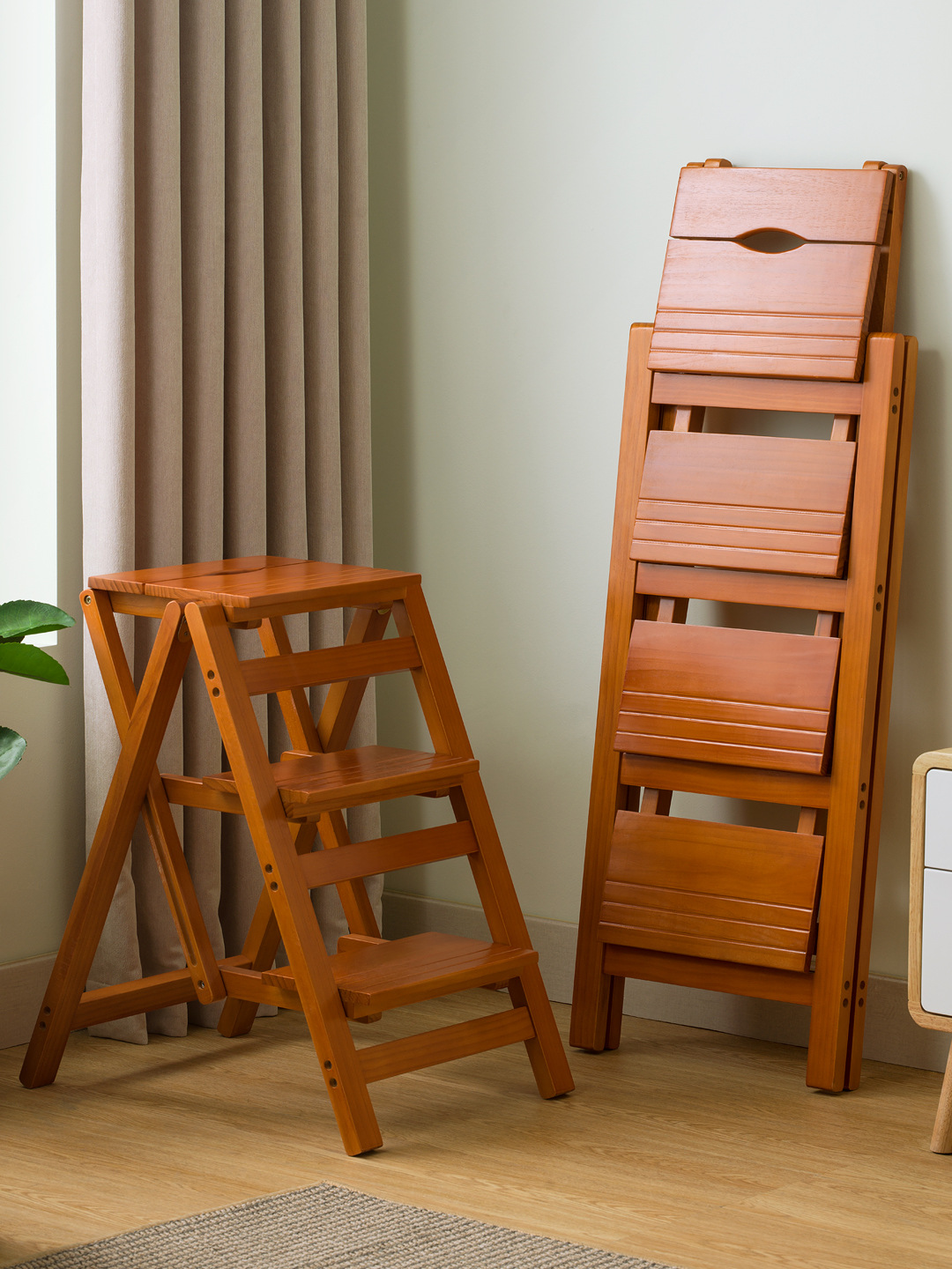 实木梯凳家用梯子折叠凳子创意两用厨房高板凳登高三步小梯子椅子