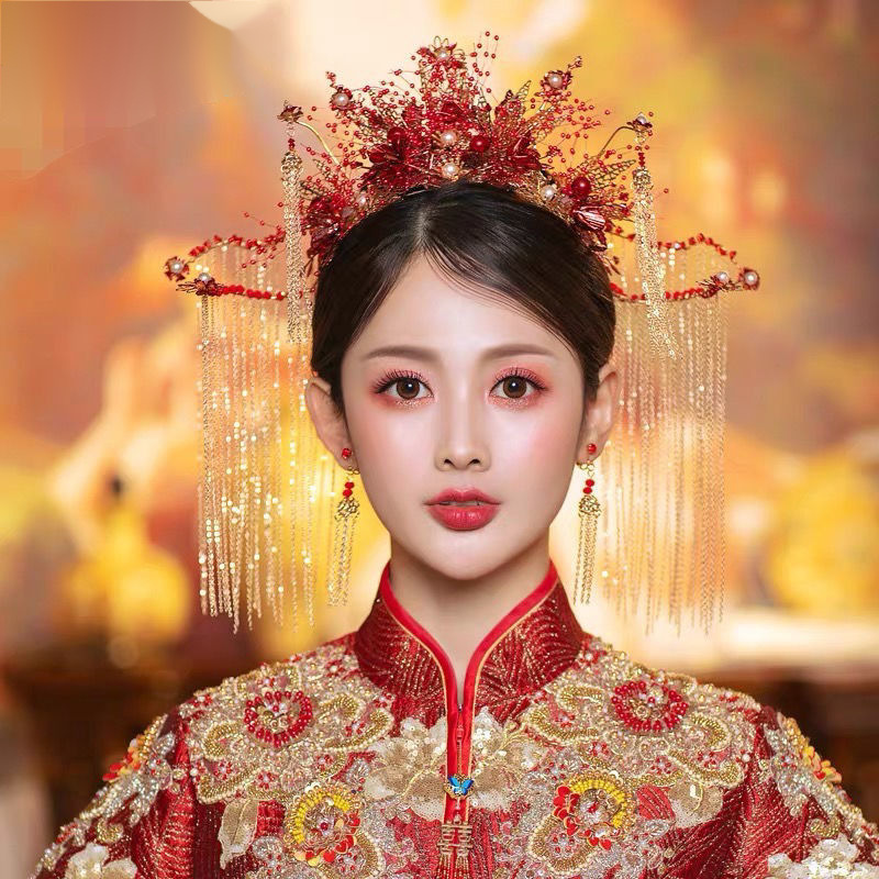 秀禾服新娘头饰秀禾新款女中式婚礼红色流苏凤冠古装结婚发饰