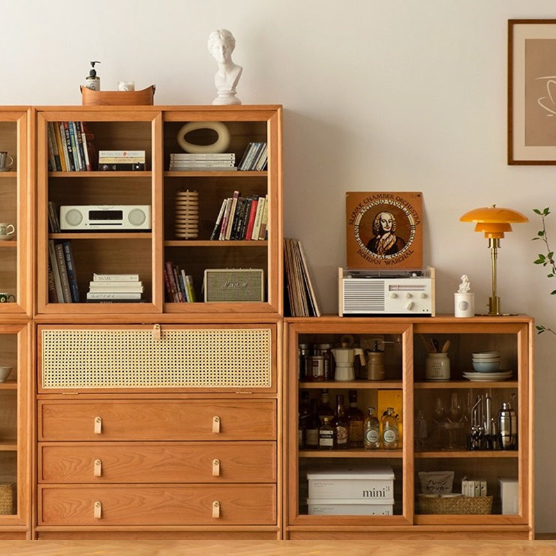 日式矮书柜北欧实木组合樱桃木家具客厅储物柜展示柜酒柜中古餐边