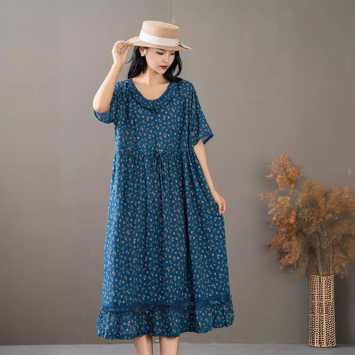 棉麻短袖连衣裙 2024夏季新款 蕾丝拼接印花腰间抽绳女士套头长裙