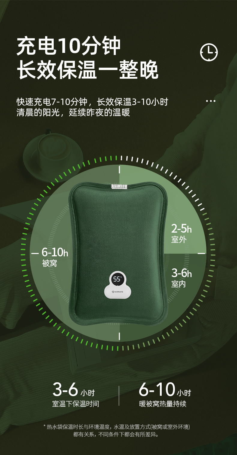 艾美特热水袋充电数显款热水袋女敷肚子暖宝宝热宝毛绒可爱防爆
