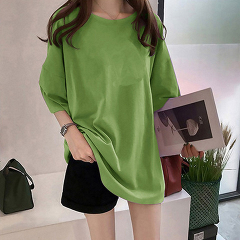 Solid Color T-shirt Women's Short Sleeve Korean Style Loose Large Size Slimming Plump Girls Mid-Length Student Half Sleeve Large Version Top Clothes Summer