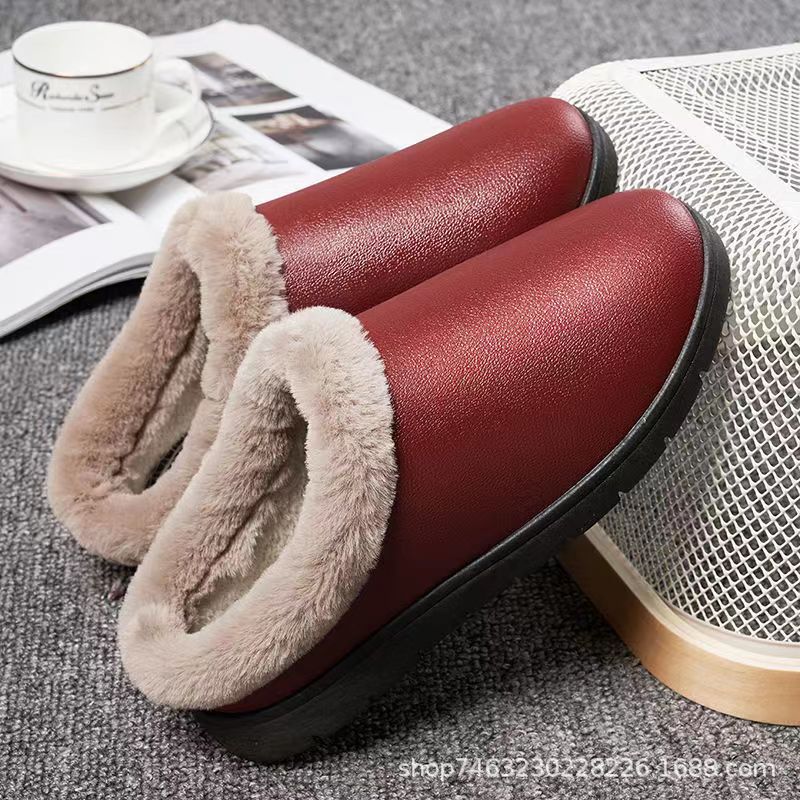 Factory Customized Winter Leather Slippers Waterproof Non-Slip Warm Home Cotton Slippers