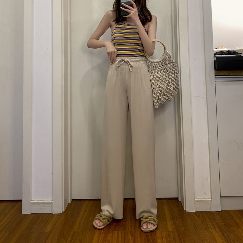 Ice Silk Wide-Leg Pants Women's Summer 2021 New High Waist Drooping Loose Straight Thin Casual Slimming Pendant Mop Pants Women Clothes