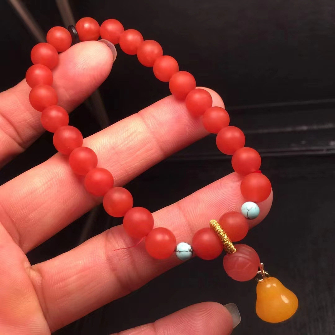 天然保山南红手串 搭配双面富甲 天然绿松.肉?色 颜色鲜艳