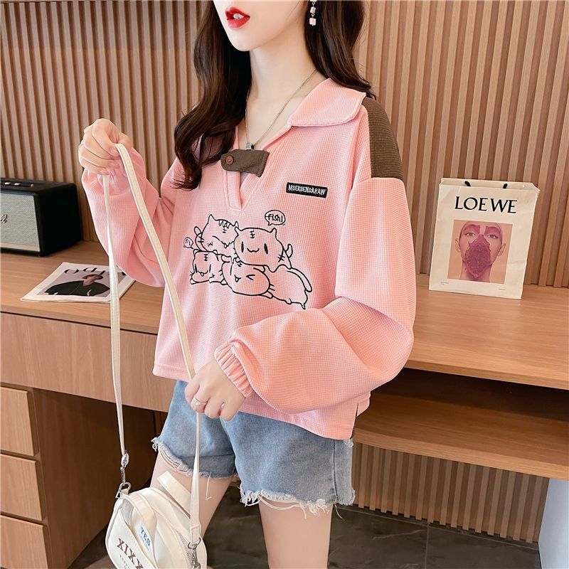 小个子短款polo领薄款卫衣女韩版宽松春秋新款减龄撞色华夫格上衣