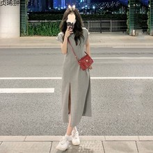 灰色开叉连衣裙女夏2024新款设计感裙子收腰修身显瘦简约长裙女装