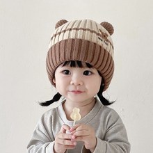 婴儿帽子冬季可爱卡通双球毛线帽男女宝宝护耳帽针织帽儿童套头帽