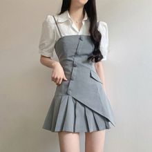 韩国chic洋气小众设计感不规则两件套衬衫连衣裙女夏季新款短裙子