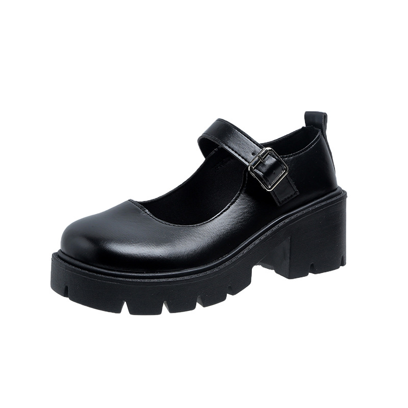 Korean Small Leather Shoes Women's Korean-Style Daily Big round Toe JK Uniform Ins Black Retro Lo Platform Mary Jane Shoes