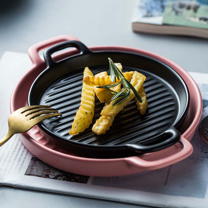 日韩式双耳牛排烤盘陶瓷焗饭烤碗盘圆形烧烤意面披萨鱼菜盘子烤箱