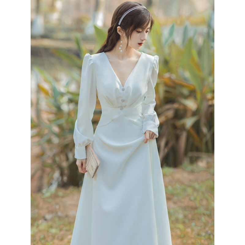 6332#实拍现货 早春法式白色晚礼服领证小白裙伴娘服-阿里巴巴