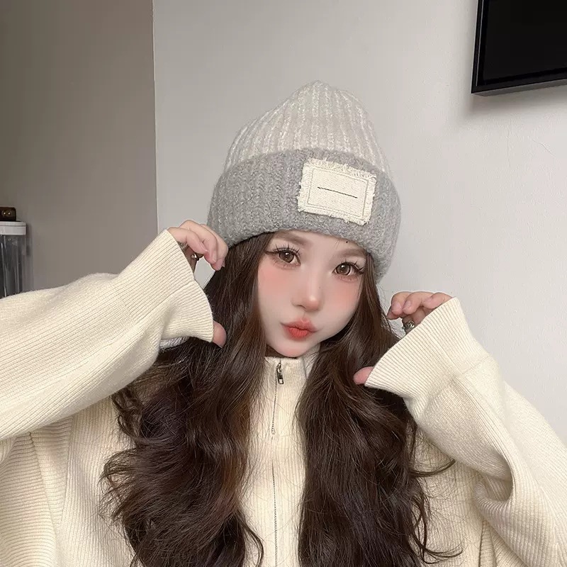 Woolen Cap Women's New Korean-Style Stitching Big Head Circumference Autumn and Winter Warm Pile Style Beanie Hat Small Knitted Earmuffs Hat