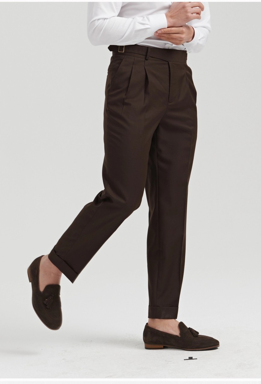 2022春夏款男意式西裤高腰无腰带显瘦那不勒斯翻边九分裤