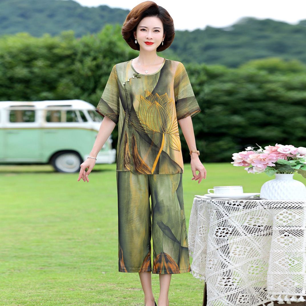 妈妈装夏装套装国风衣服大码两件套中老年雪纺衫女中年人休闲套装