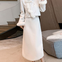 新中式女装国风套装秋冬毛呢外套加厚羽绒刺绣设计感半身裙两件套